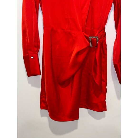 HOUSE OF HARLOW Front Rhinestone Buckle Satin Wrap 35" Mini Dress in Red XS - Picture 5 of 11